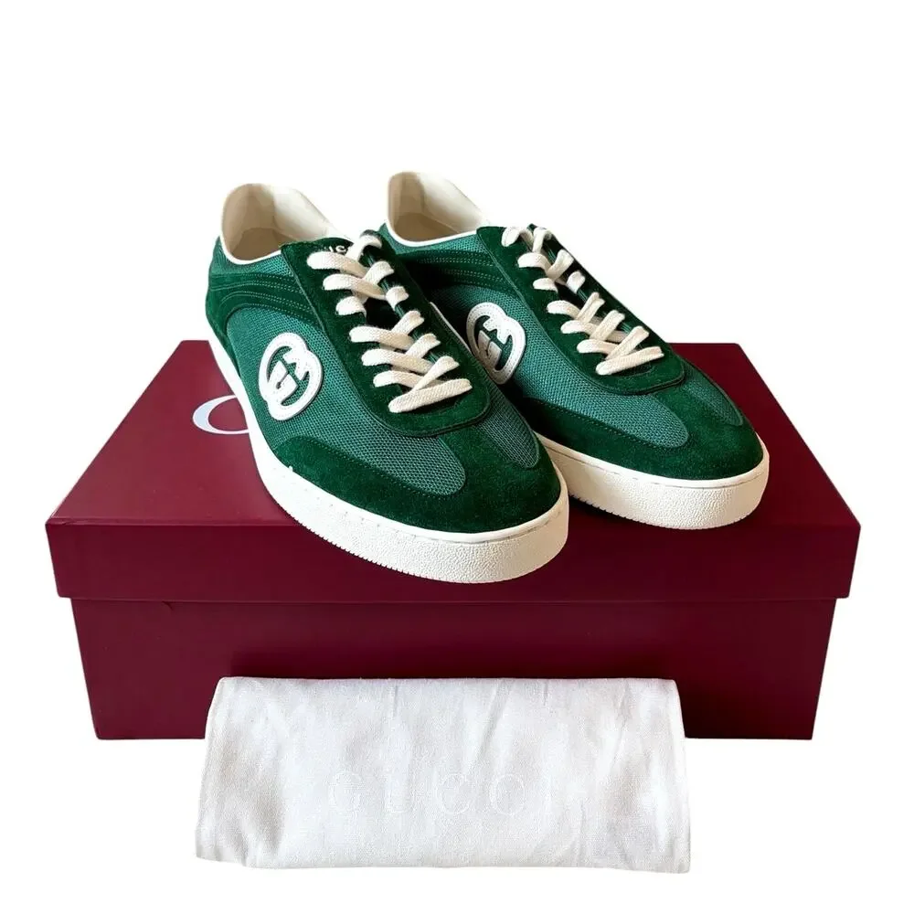 Gucci Mens G74 Interlocking G Sneakers Green Suede Low Top Size 12 US 12.5 New